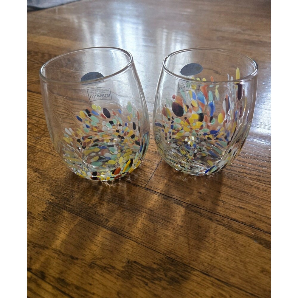 Murano Set of 2 Crystal Confetti Stemless Glasses Hand Blown Italy New - Picture 3 of 7